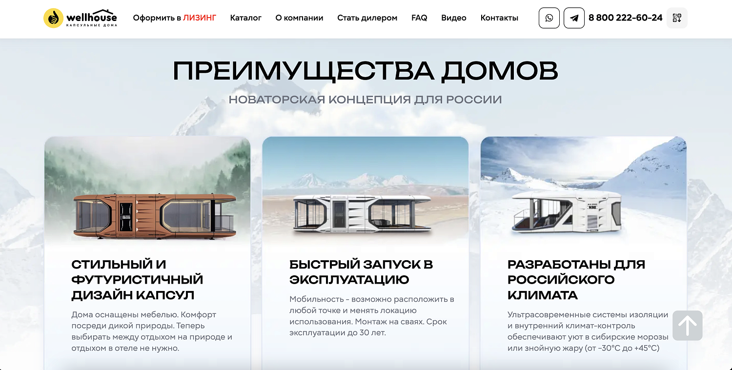 Сайт для Wellhouse - компании модульных капсульных домов 
